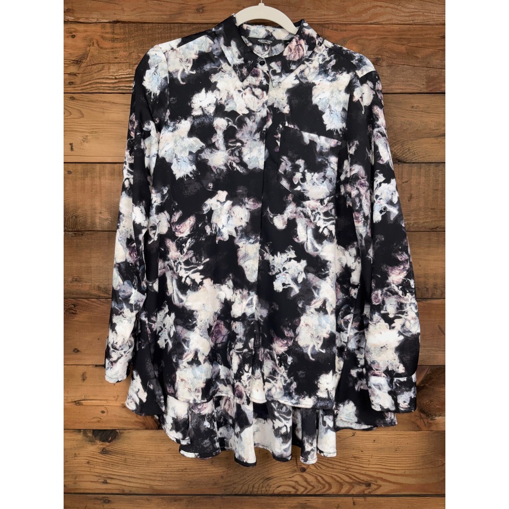 Simply Vera Wang Blouse Womens Medium Floral Hi Low Pleated Back Button Front